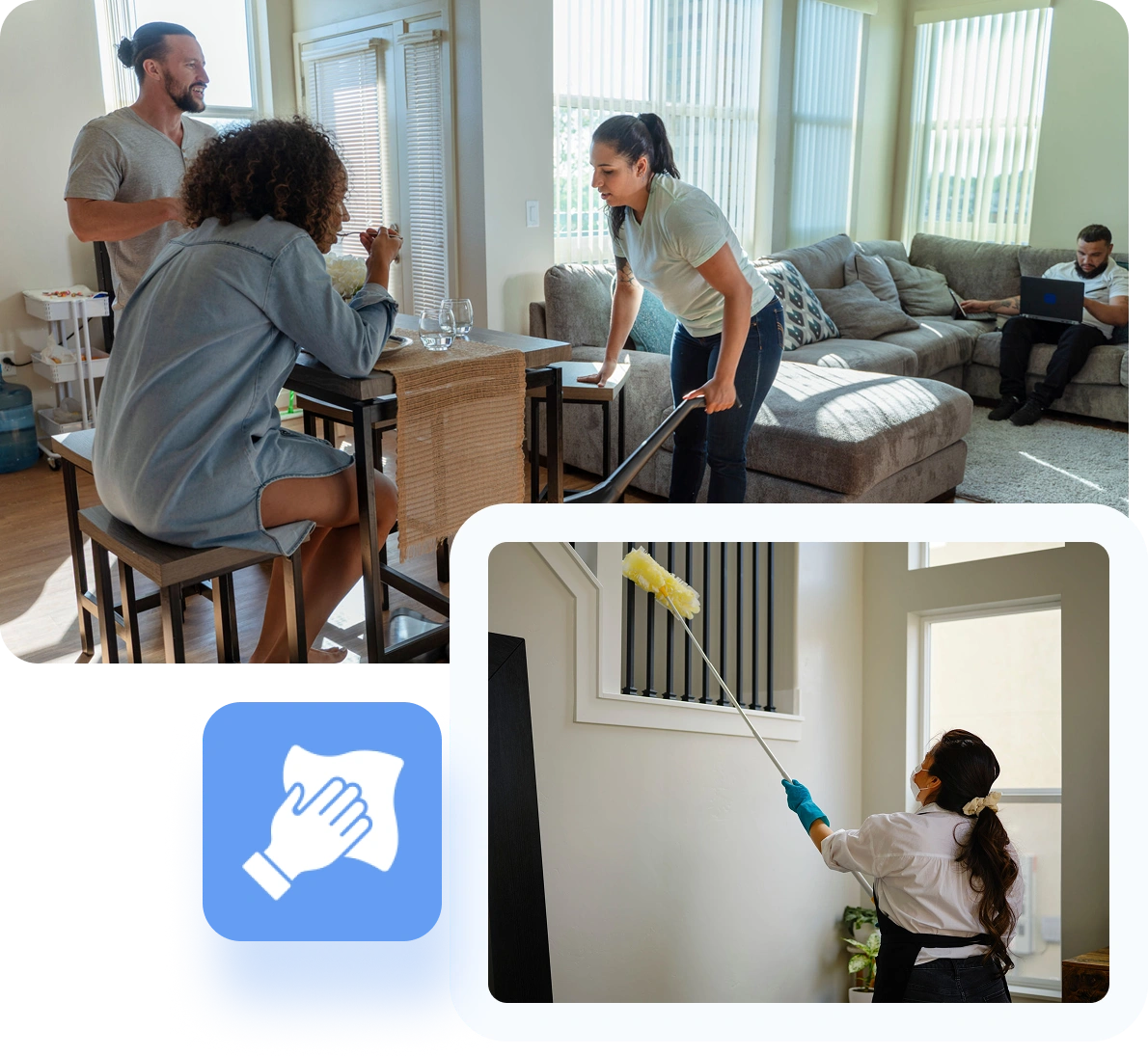 People cleaning and relaxing in a living room.