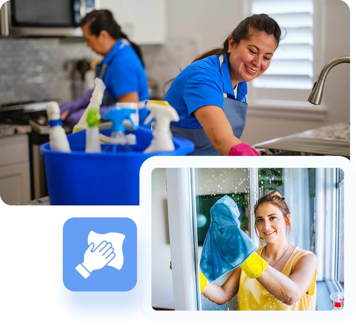 Women cleaning kitchen and windows with supplies.