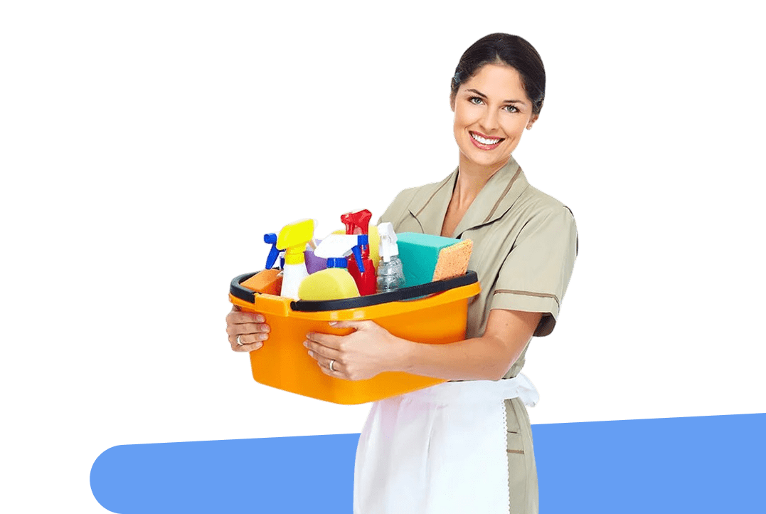 Smiling woman holding a basket of cleaning supplies.