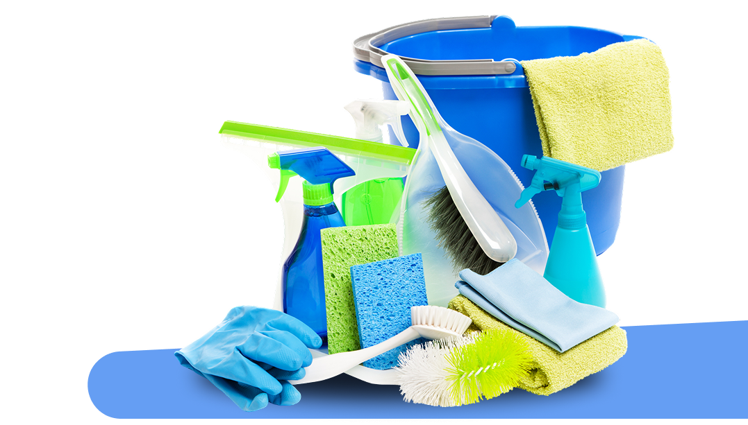 Cleaning supplies with bucket and gloves.