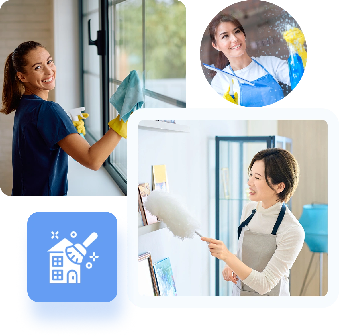 Women cleaning windows and dusting shelves.