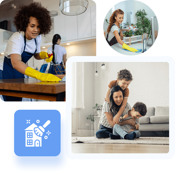 People enjoying various household activities like cleaning, gardening, and playing with children.