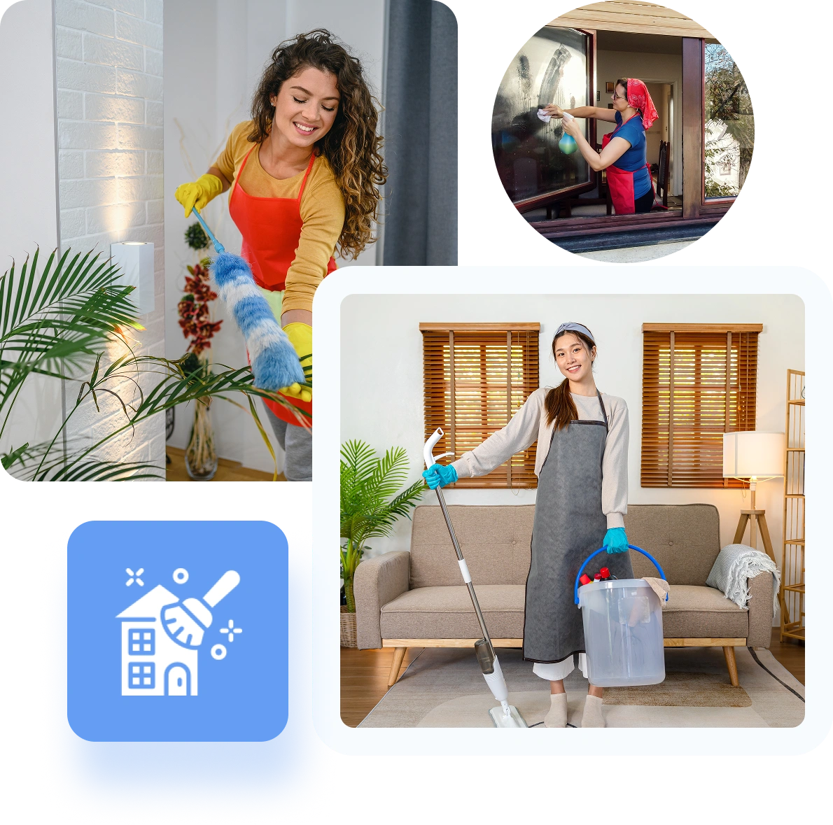 Women cleaning indoors and outdoors with tools.